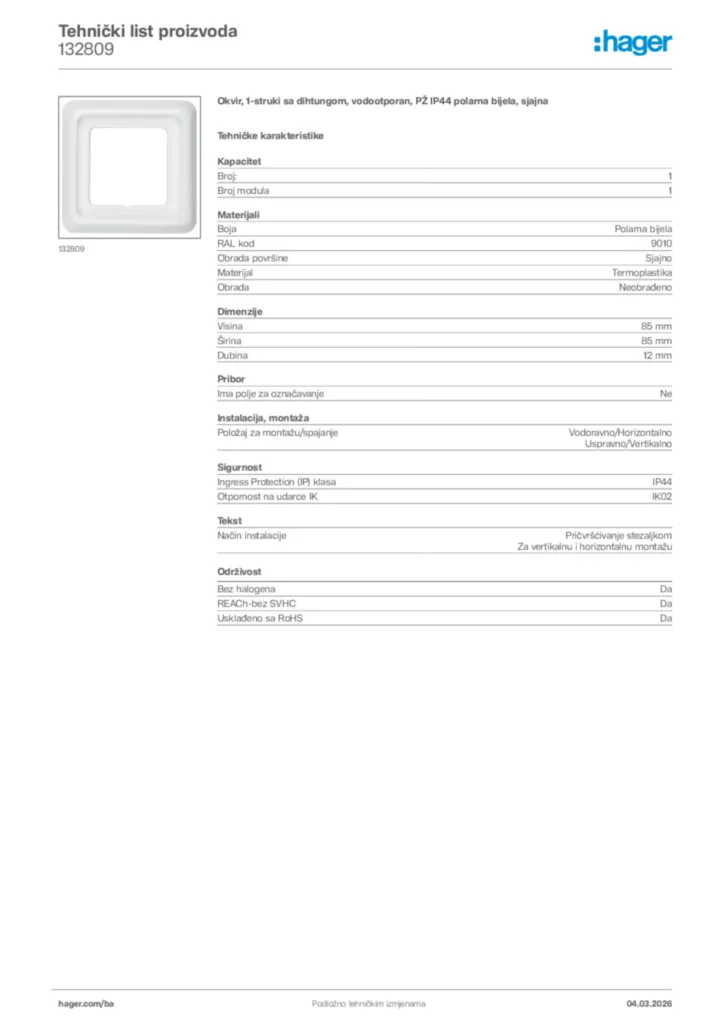 Slika Hager Tehnički list proizvoda 132809  | Hager