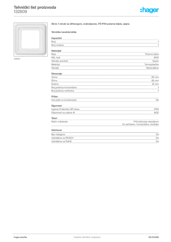 Slika Hager Product data sheet 132809  | Hager