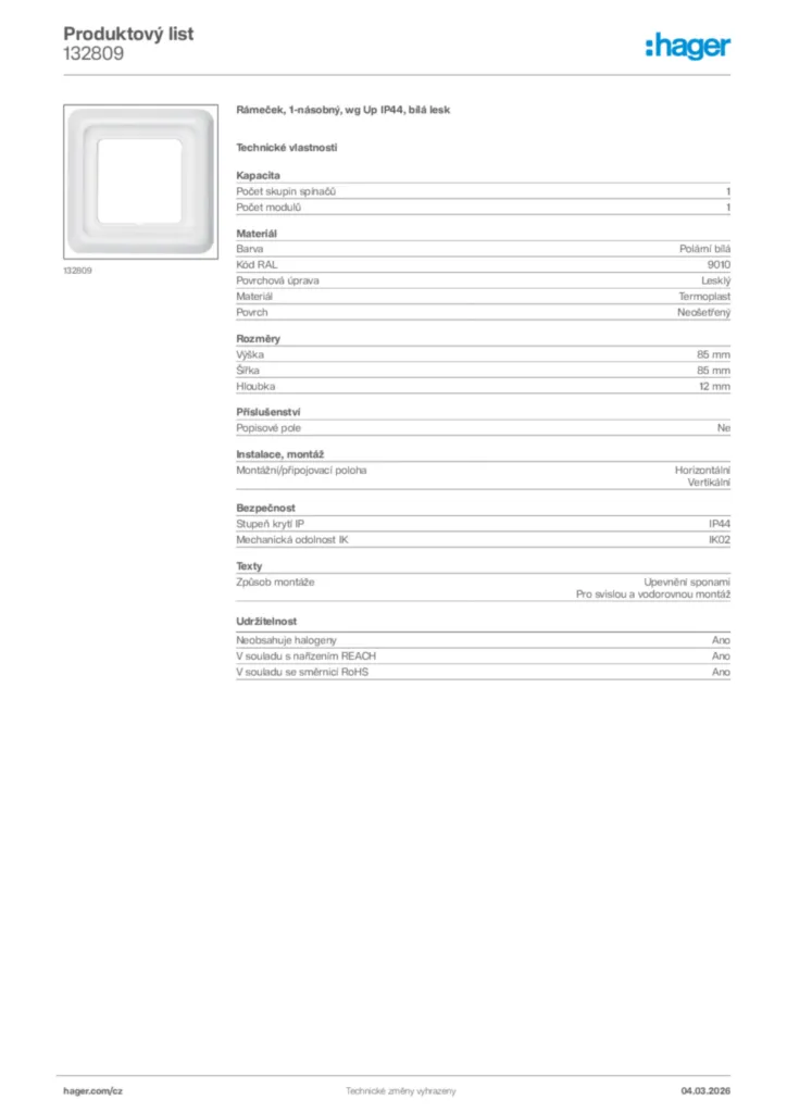 Obrázek Hager Product data sheet 132809 | Hager