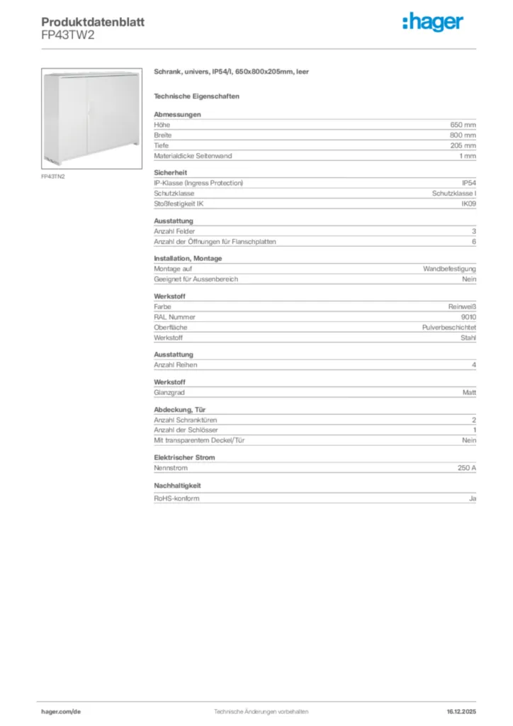 Bild Hager Produktdatenblatt FP43TW2 | Hager Deutschland