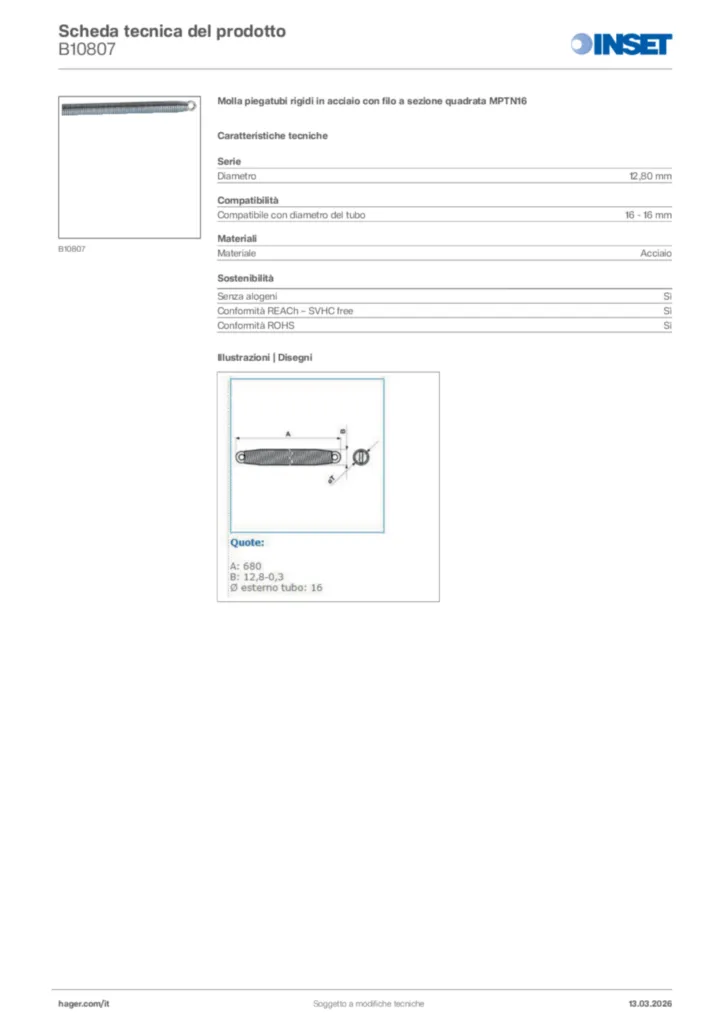 Immagine Inset Scheda tecnica del prodotto B10807 | Hager Italia