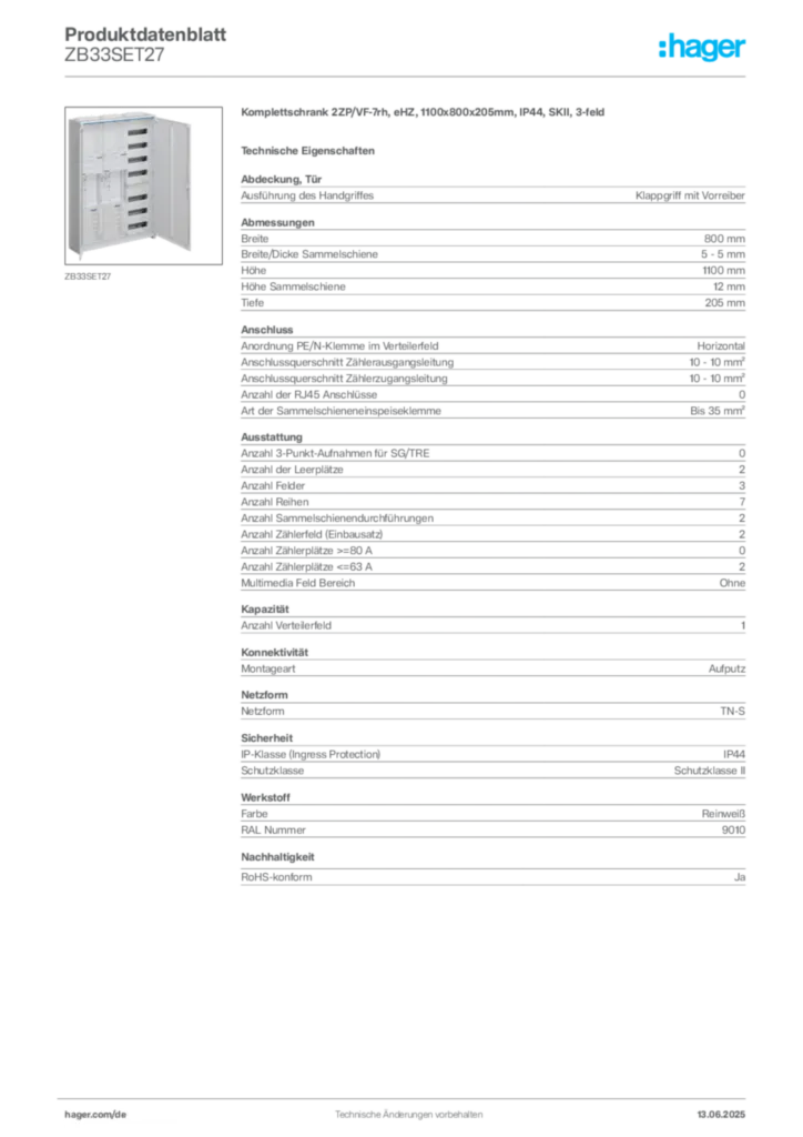 Bild Hager Produktdatenblatt ZB33SET27 | Hager Deutschland