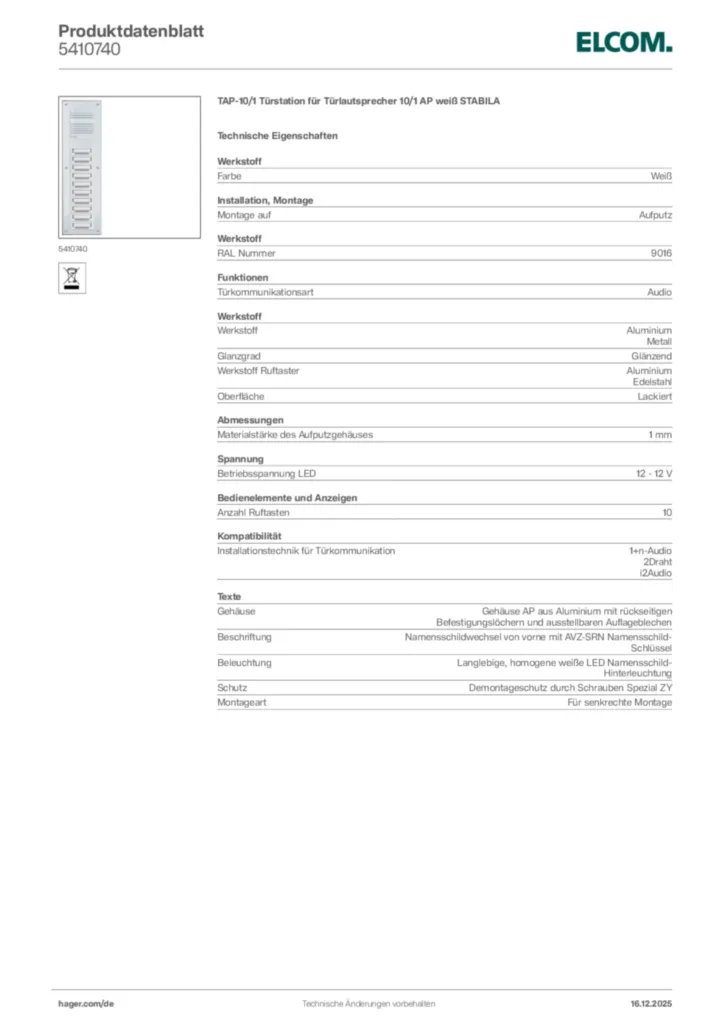 Bild Elcom Produktdatenblatt 5410740 | Hager Deutschland