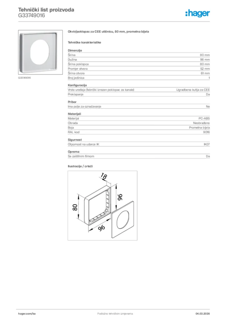 Slika Hager Tehnički list proizvoda G33749016  | Hager