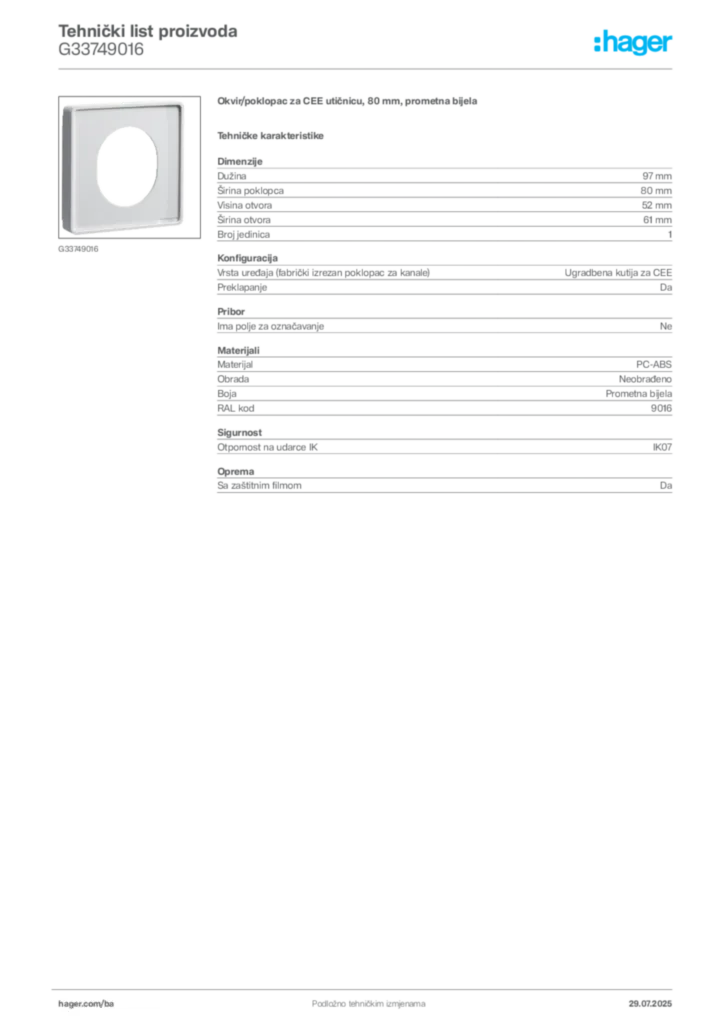 Slika Hager Product data sheet G33749016  | Hager