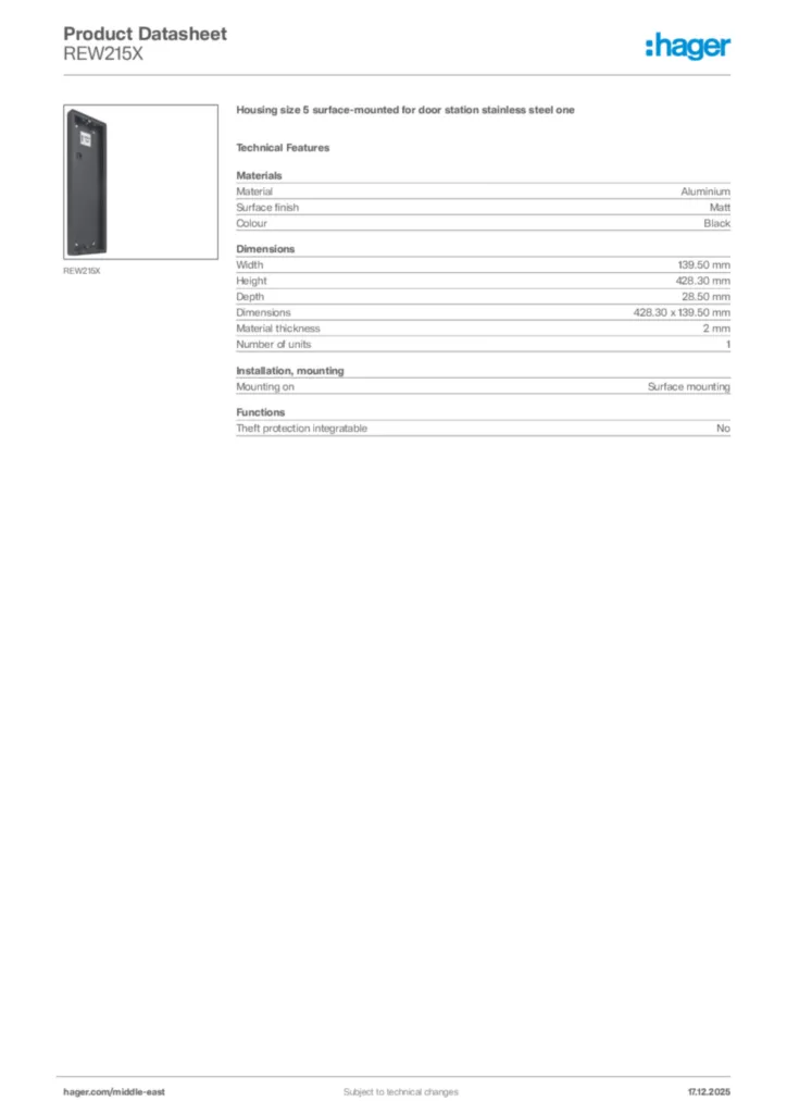 Image Hager Product data sheet REW215X  | Hager