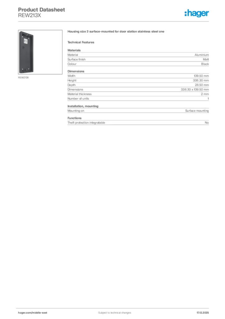 Image Hager Product data sheet REW213X  | Hager