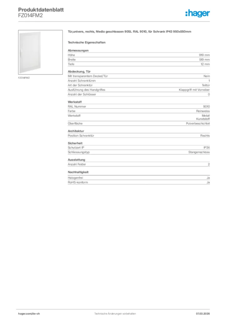 Bild Hager Produktdatenblatt FZ014FM2 | Hager Schweiz