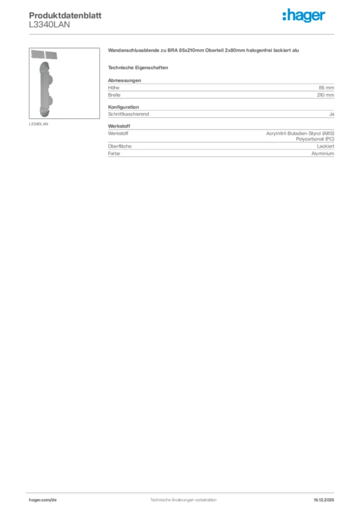 Bild Hager Produktdatenblatt L3340LAN | Hager Deutschland