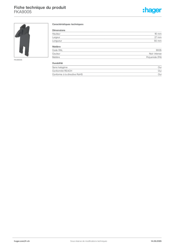Image Hager Fiche technique du produit FKA9005 | Hager Suisse