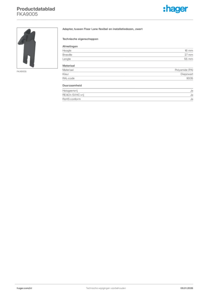Afbeelding Hager Productdatablad FKA9005 | Hager Nederland