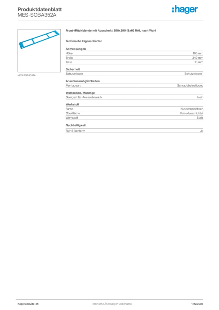 Bild Hager Produktdatenblatt MES-SOBA352A | Hager Schweiz