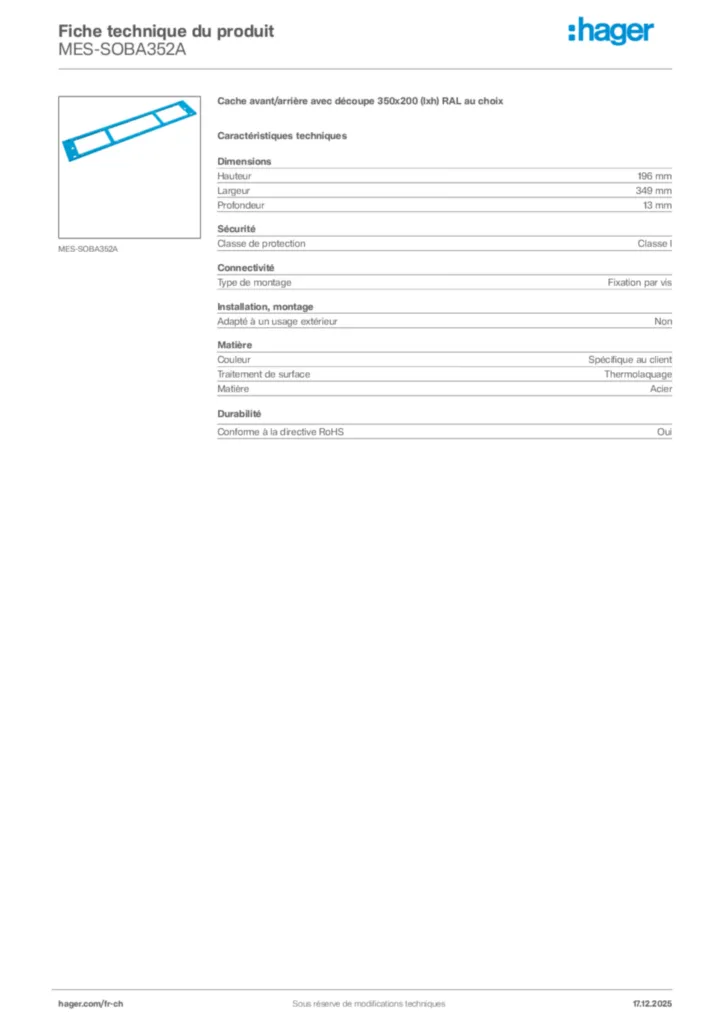 Image Hager Fiche technique du produit MES-SOBA352A | Hager Suisse