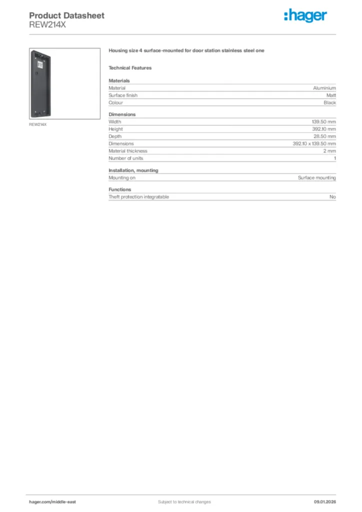 Image Hager Product data sheet REW214X  | Hager