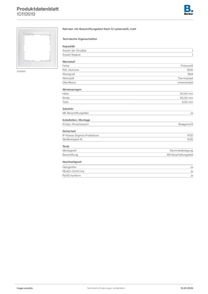 Bild Berker Produktdatenblatt 10119919 | Hager Deutschland