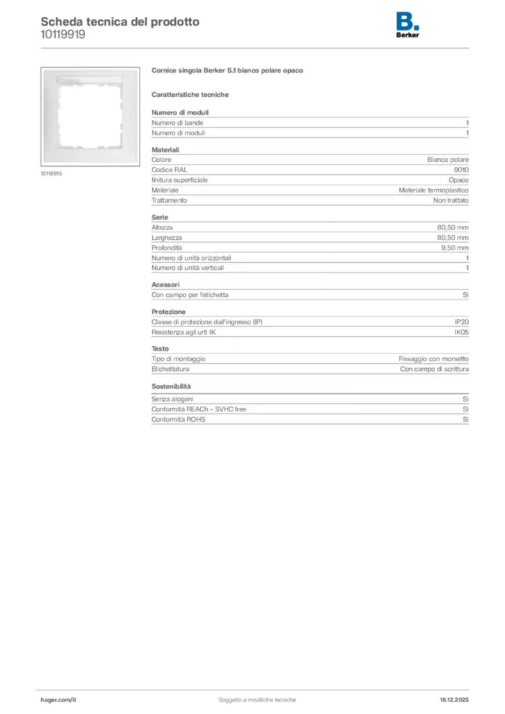 Immagine Berker Scheda tecnica del prodotto 10119919 | Hager Italia