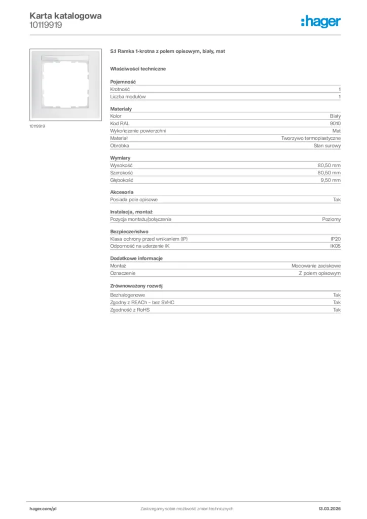 Zdjęcie Hager Karta katalogowa 10119919 | Hager Polska