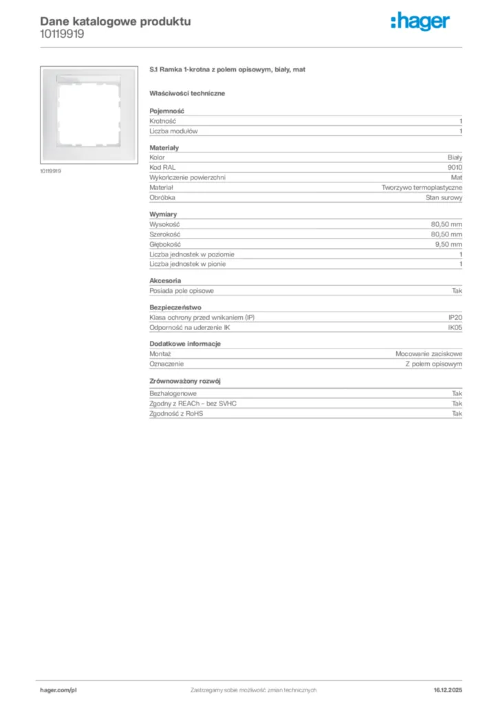 Zdjęcie Hager Karta katalogowa 10119919 | Hager Polska