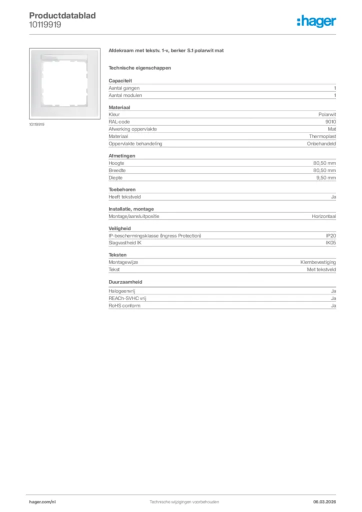 Afbeelding Hager Productdatablad 10119919 | Hager Nederland