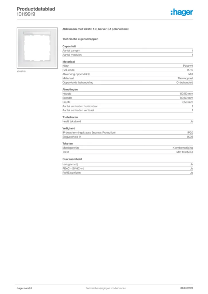 Afbeelding Hager Productdatablad 10119919 | Hager Nederland
