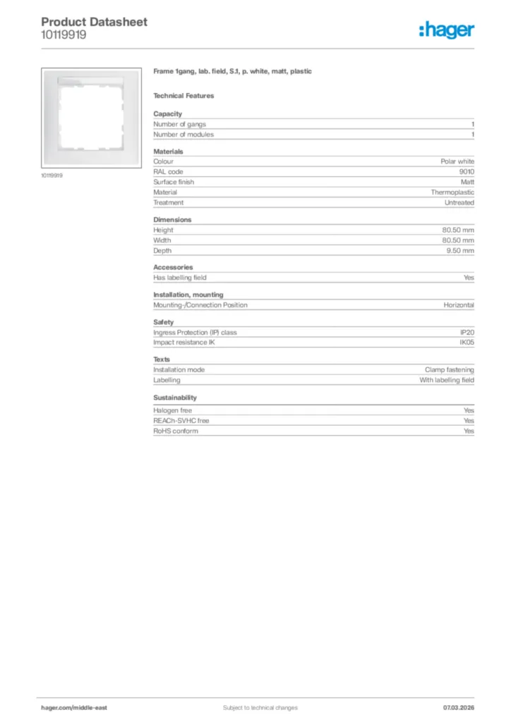 Image Hager Product data sheet 10119919  | Hager