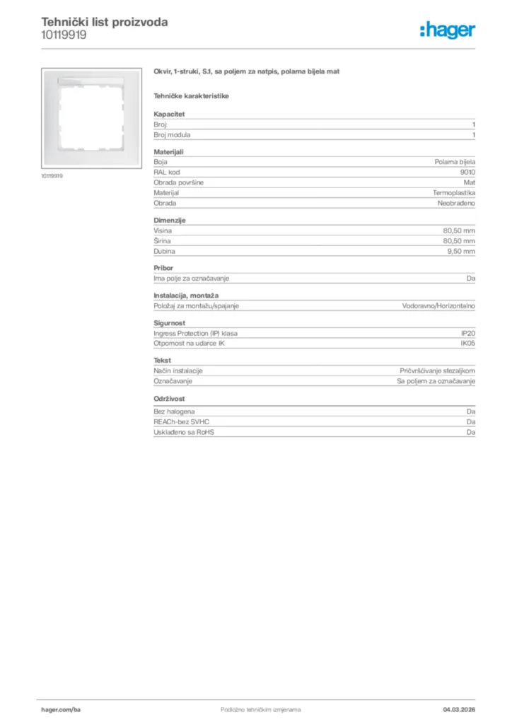 Slika Hager Tehnički list proizvoda 10119919  | Hager
