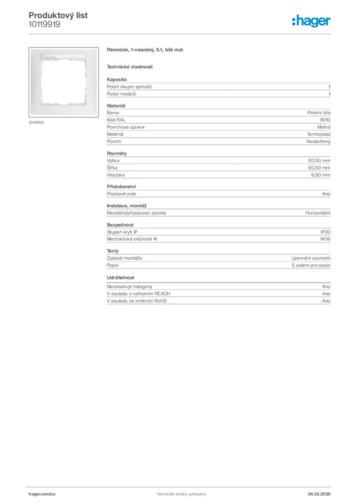 Obrázek Hager Product data sheet 10119919 | Hager