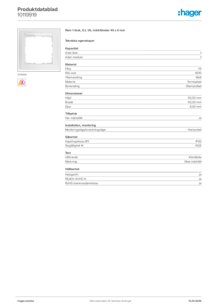 Bild Hager Produktdatablad 10119919 | Hager Sverige