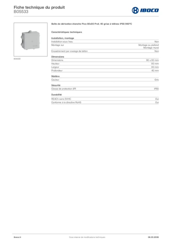 Image Iboco Fiche technique du produit B05533 | Hager France