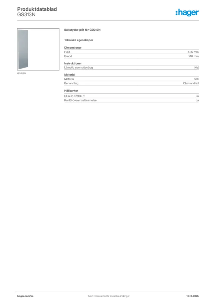 Bild Hager Produktdatablad GS313N | Hager Sverige