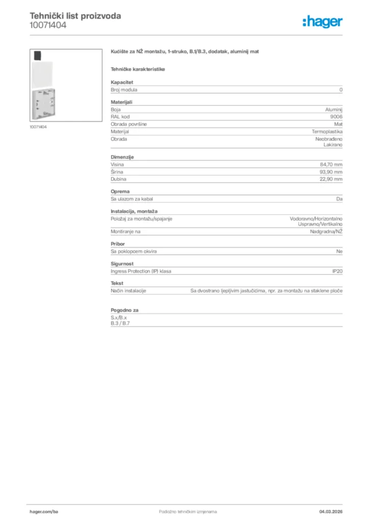 Slika Hager Tehnički list proizvoda 10071404  | Hager