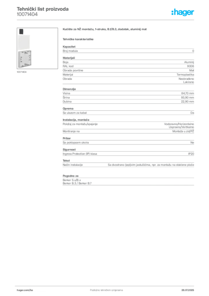 Slika Hager Product data sheet 10071404  | Hager