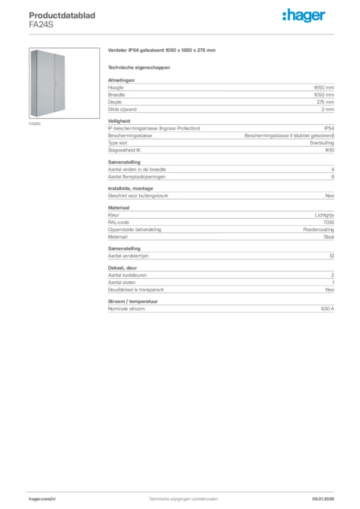 Afbeelding Hager Productdatablad FA24S | Hager Nederland