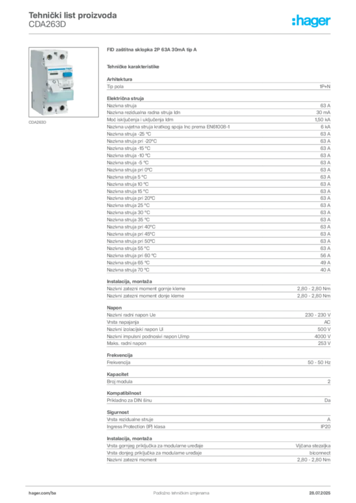 Slika Hager Product data sheet CDA263D  | Hager