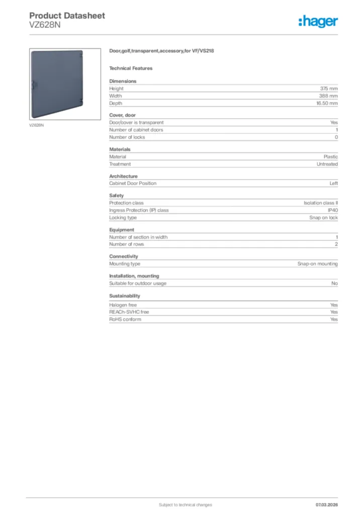 Image Hager Product data sheet VZ628N  | Hager Africa