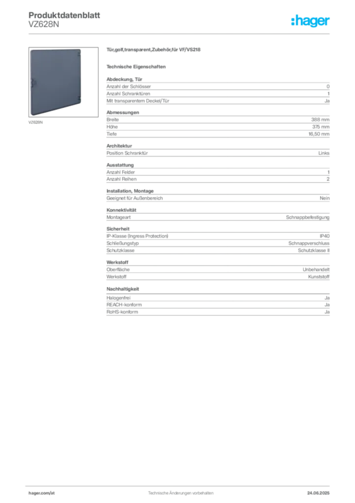 Bild Hager Produktdatenblatt VZ628N | Hager Deutschland