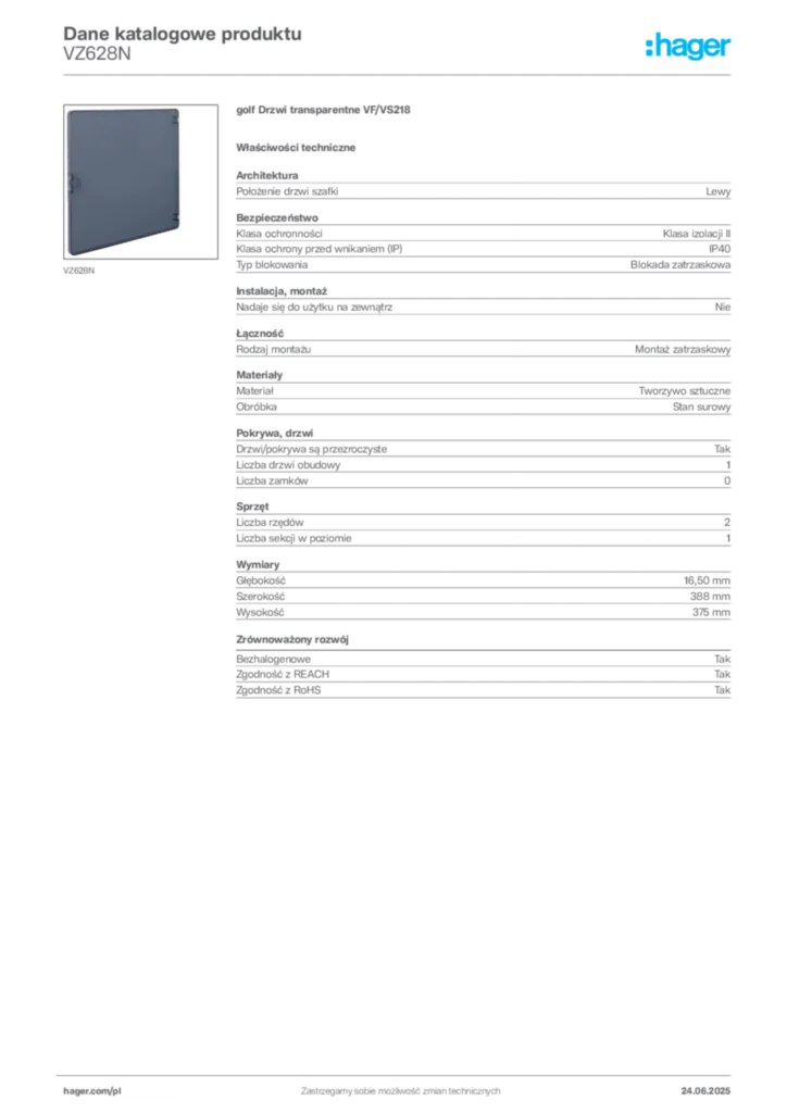 Zdjęcie Hager Karta katalogowa VZ628N | Hager Polska
