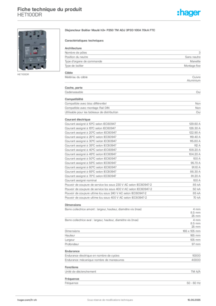 Image Hager Fiche technique du produit HET100DR | Hager Suisse