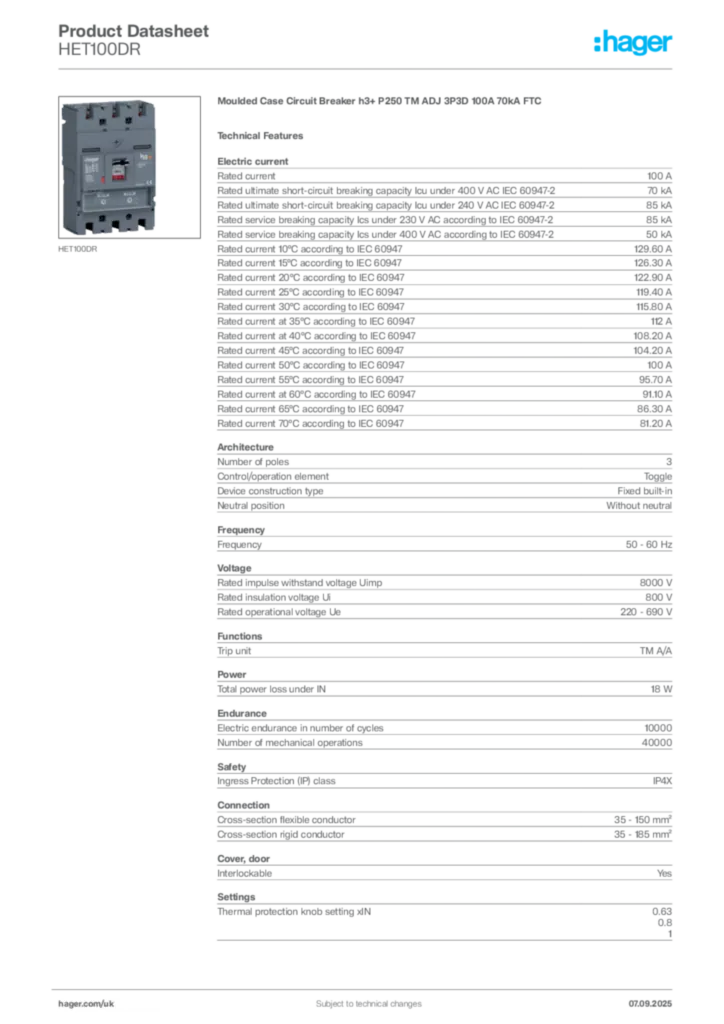 Image Hager Product data sheet HET100DR  | Hager