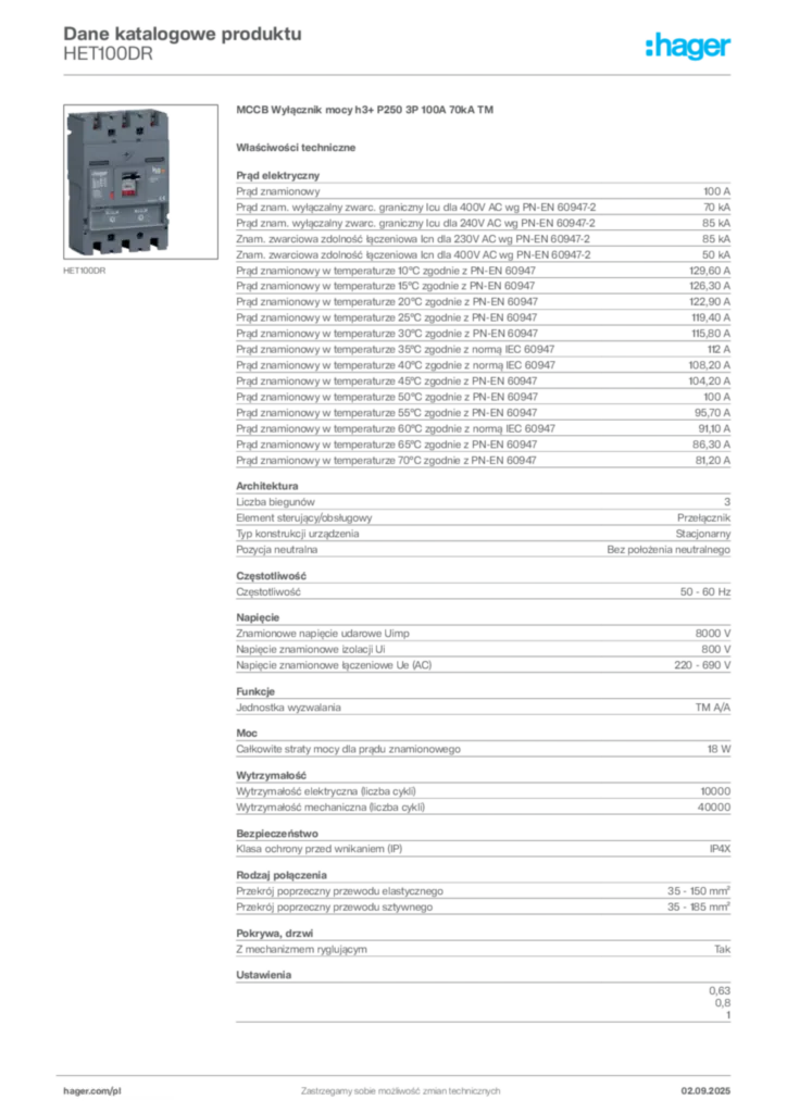 Zdjęcie Hager Karta katalogowa HET100DR | Hager Polska