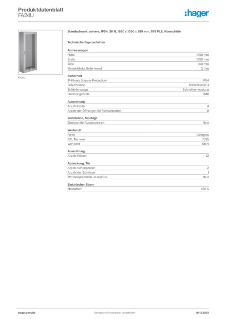 Bild Hager Produktdatenblatt FA24U | Hager Deutschland