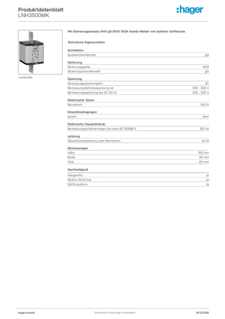 Bild Hager Produktdatenblatt LNH3500MK | Hager Deutschland