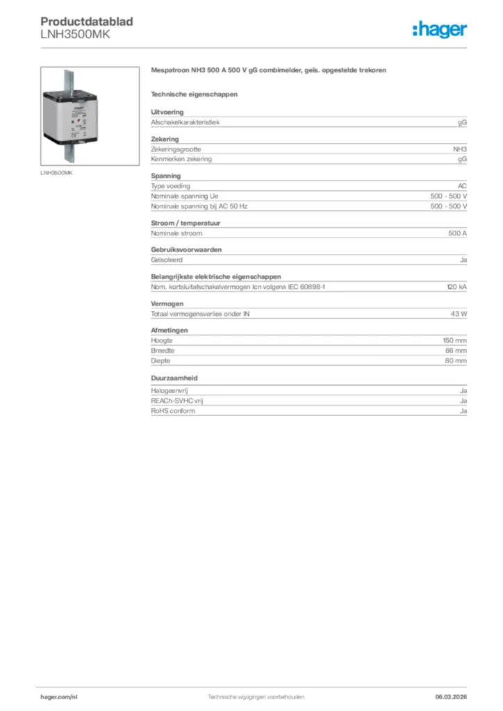 Afbeelding Hager Productdatablad LNH3500MK | Hager Nederland