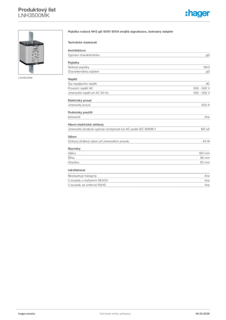 Obrázek Hager Product data sheet LNH3500MK | Hager