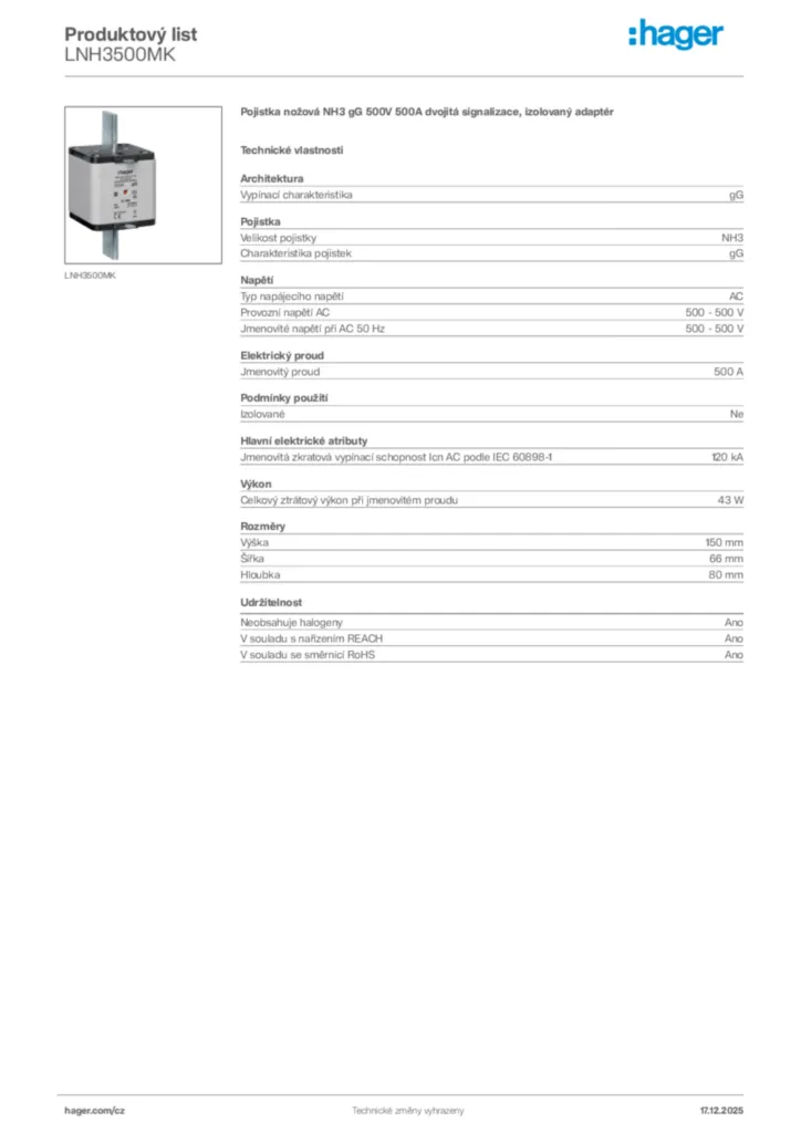 Obrázek Hager Produktový list LNH3500MK | Hager