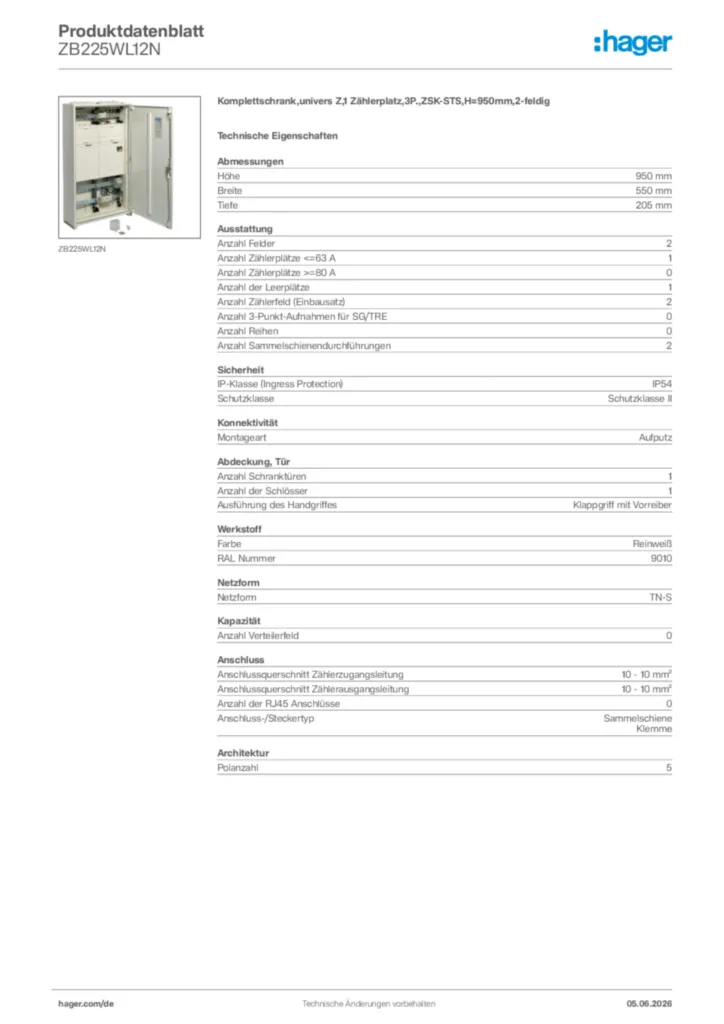 Bild Hager Produktdatenblatt ZB225WL12N | Hager Deutschland