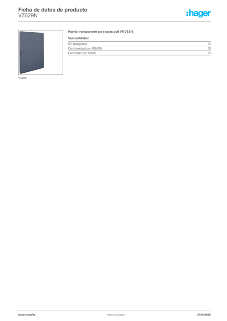 Imagen Hager Ficha de datos de producto VZ629N | Hager España