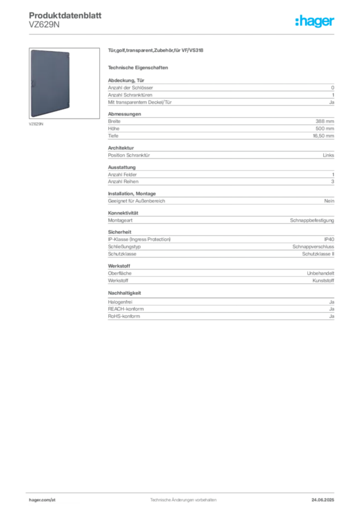 Bild Hager Produktdatenblatt VZ629N | Hager Deutschland
