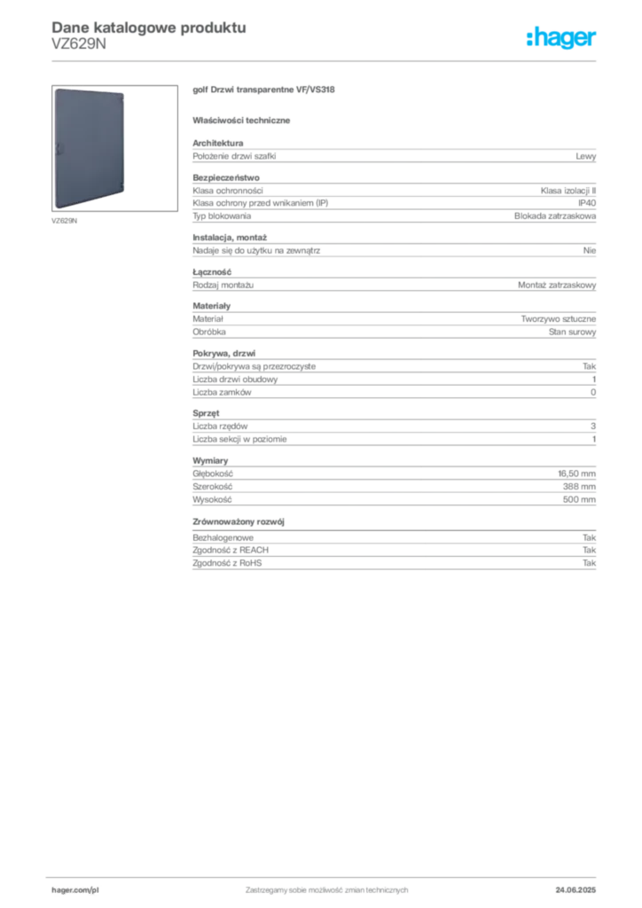 Zdjęcie Hager Karta katalogowa VZ629N | Hager Polska