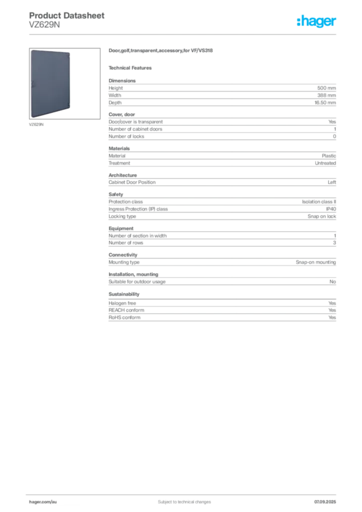 Image Hager Product data sheet VZ629N  | Hager Australia